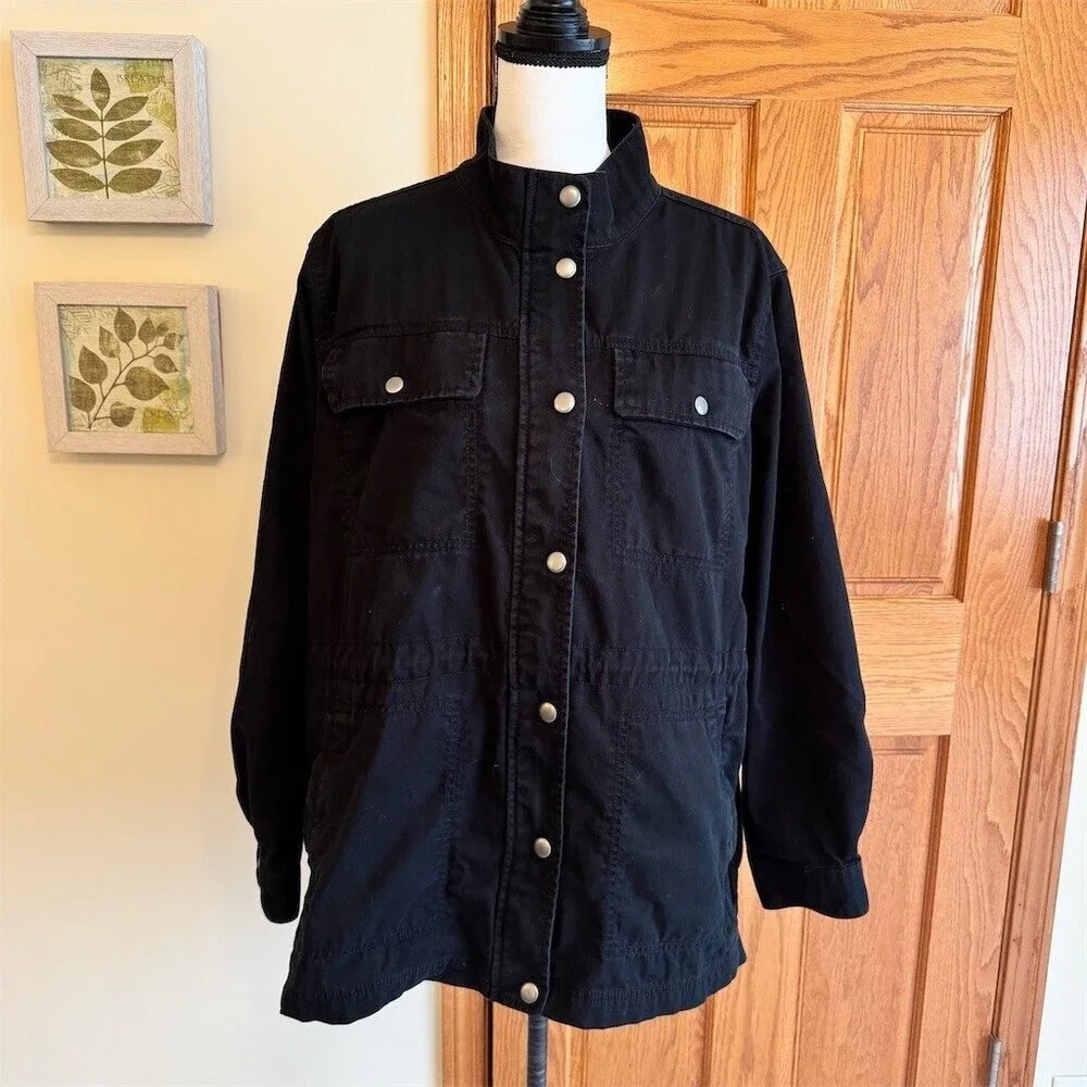 GAP Utility Jacket Womens XXL Black Snap Front Zip-Up Stand Collar Pockets